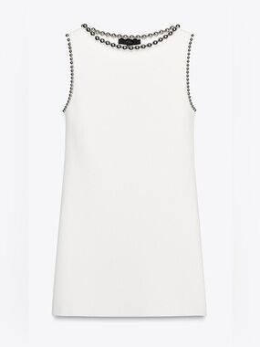 Sleeveless White Knit Dress with Beaded Neckline